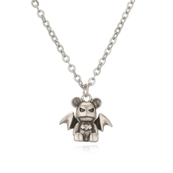 Batman Jewelry - 18K White Gold Batman Theme Teddy Bear Necklace Punk Streetwear No Fade Unisex